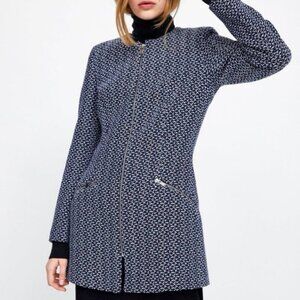 Zara Basic Blue Textured Zip Front Frock Coat Jacket Size Small EUC